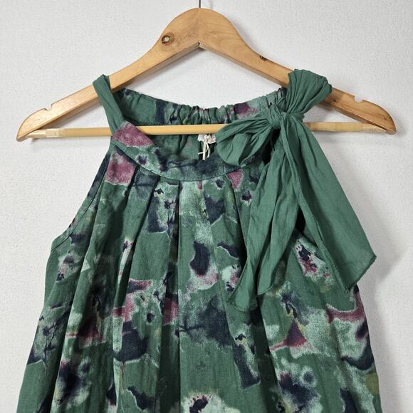 Bellambra Pure Linen Shift Dress sz XS Green Print Sleeveless Tie Neck Italy - Picture 2 of 12